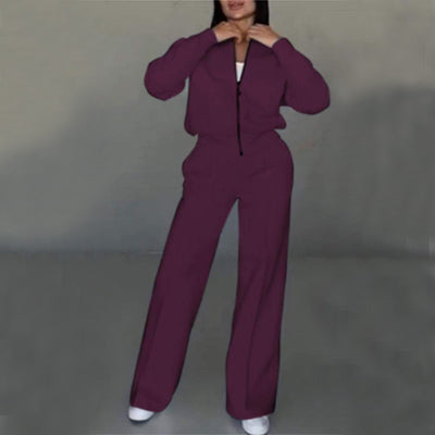 Woman in a zip jacket and wide-leg pants set