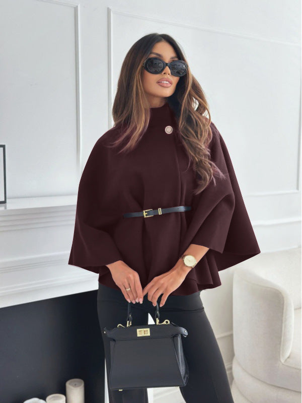 Batwing cape coat with a stand collar and tie belt