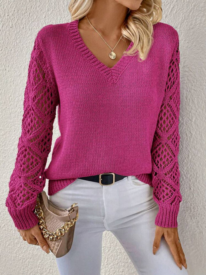 Lightweight V-Neck Sweater with Cutout Knit Detail