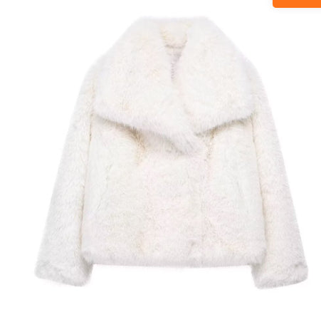 Fluffy faux fur jacket with a lapel collar and long sleeves