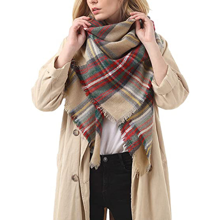 Brown Plaid Blanket Scarf with Fringe, Oversized 59 x 59 Inches