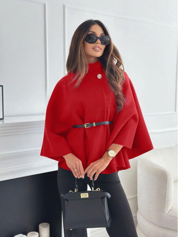 Batwing cape coat with a stand collar and tie belt