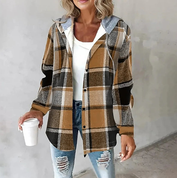 Hooded plaid jacket with buttons and pockets for fall