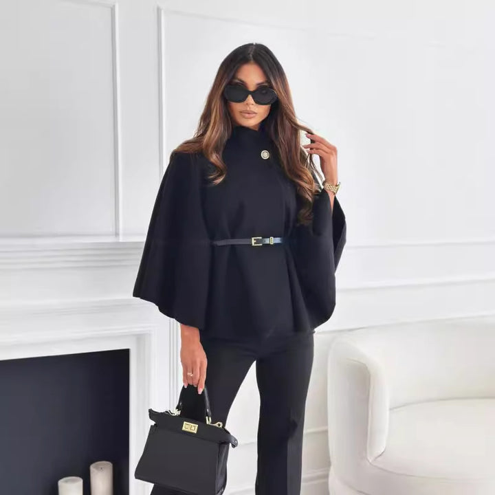 Batwing cape coat with a stand collar and tie belt