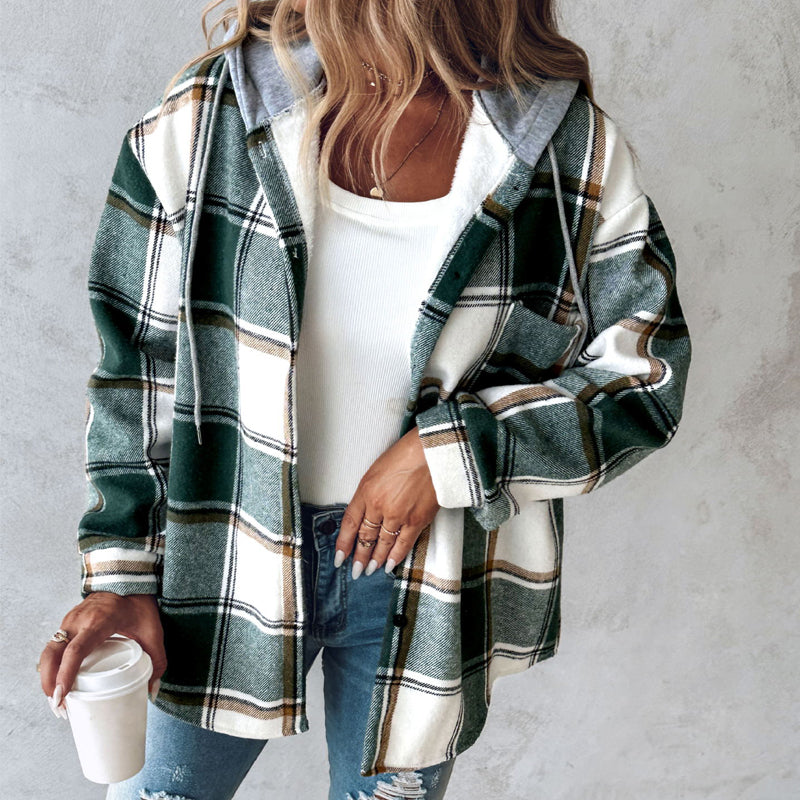 Hooded plaid jacket with buttons and pockets for fall