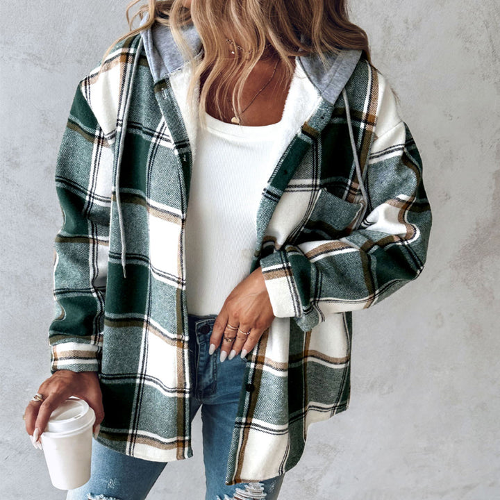 Hooded plaid jacket with buttons and pockets for fall