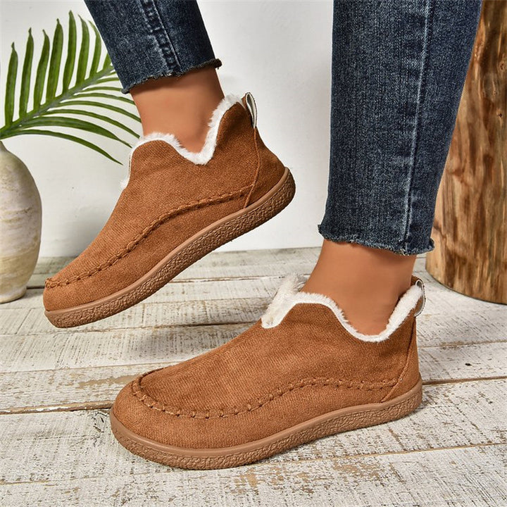 V-Cut Plush Ankle Boots for Women – Flat Suede-Look Snow Boots