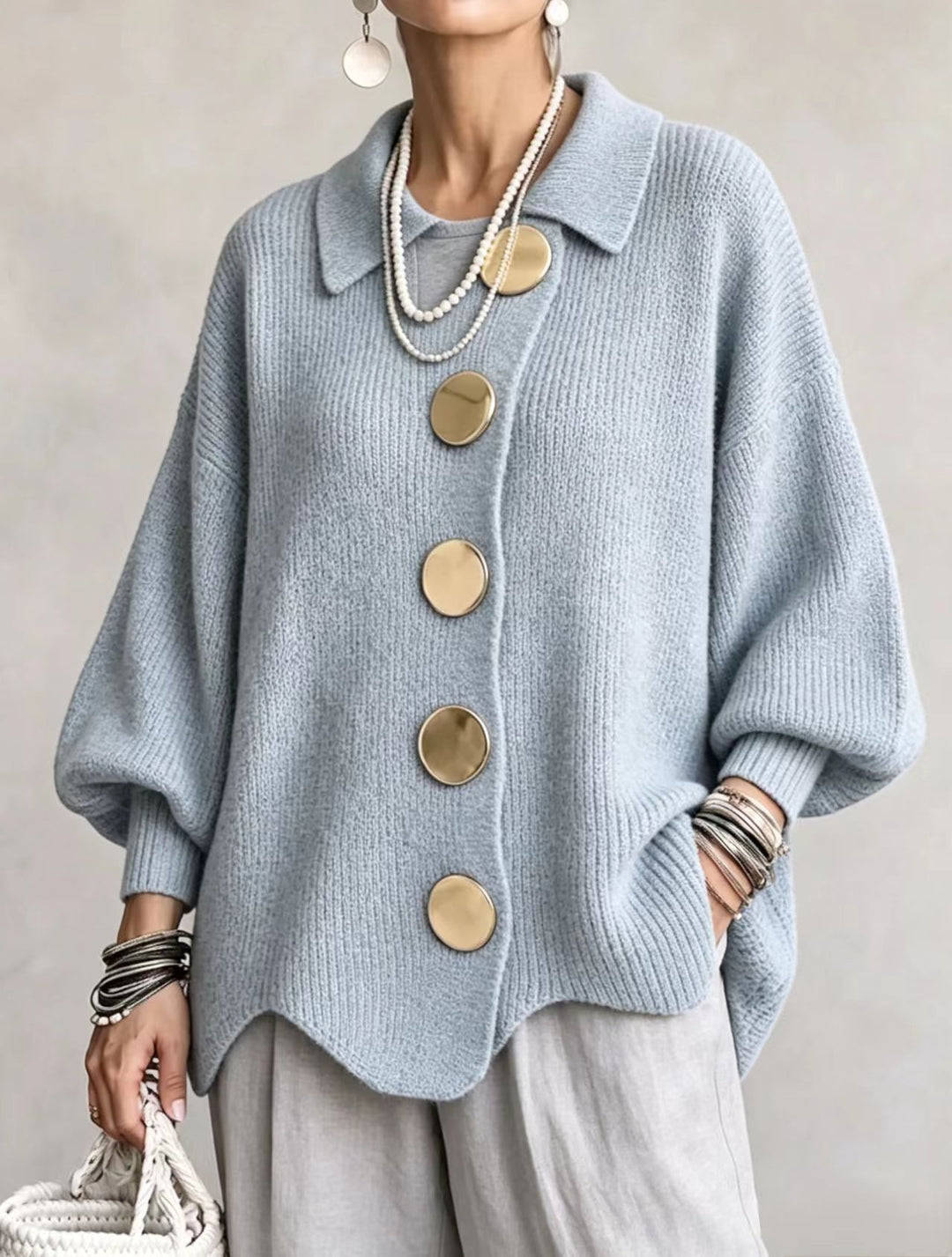 Lapel Button-Down Knit Cardigan with Relaxed Fit