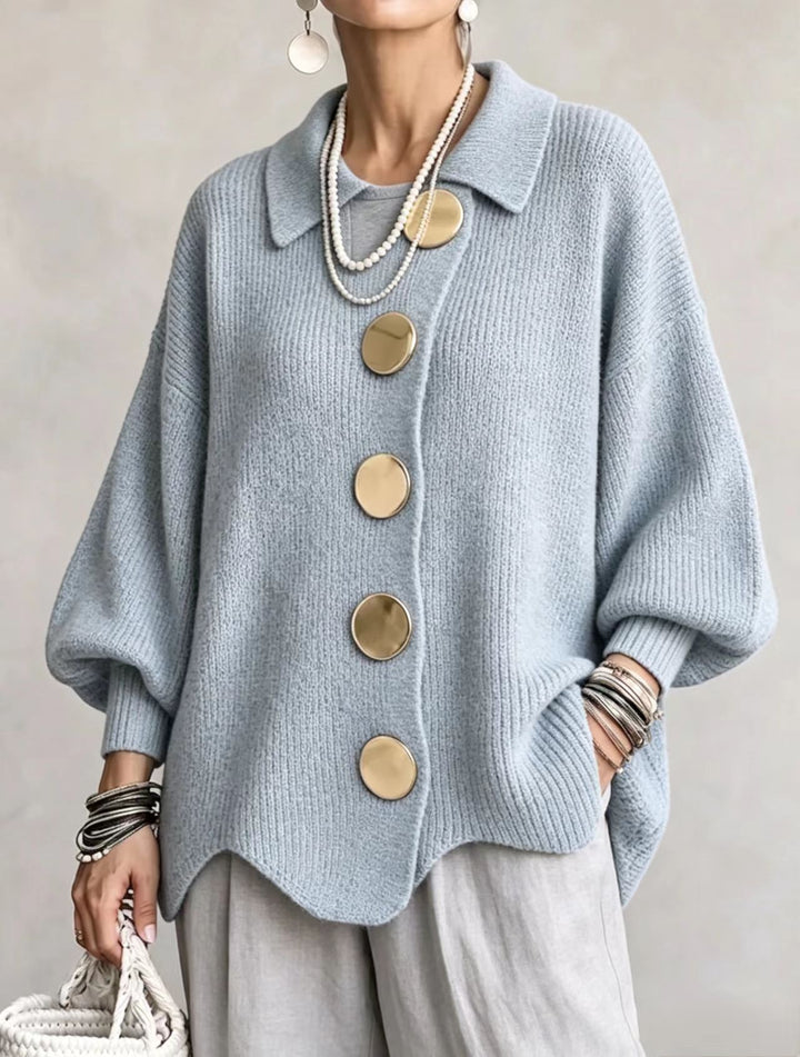Lapel Button-Down Knit Cardigan with Relaxed Fit
