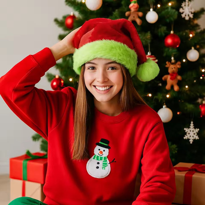 Green Plush Santa Hat with Furry Cuff and Soft Lining