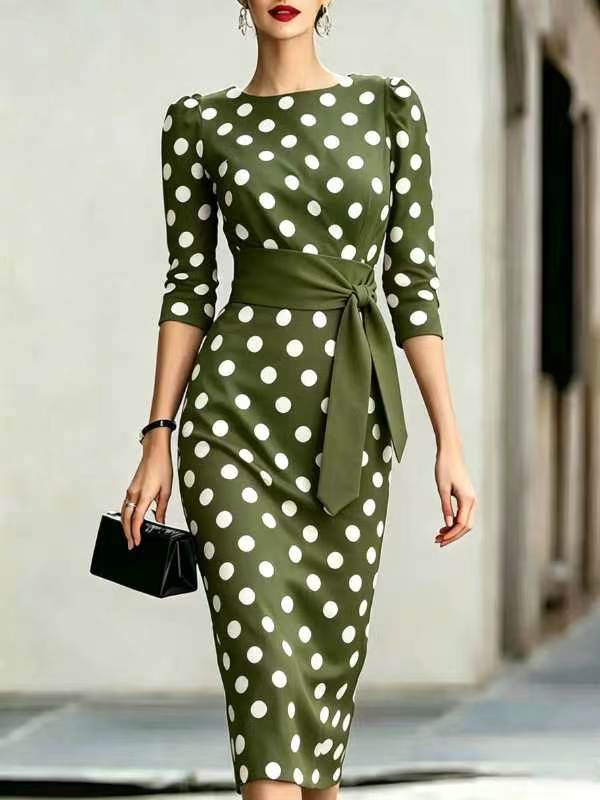 Polka Dot Midi Dress with Tie Waist and Three-Quarter Sleeves