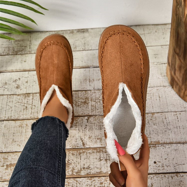 V-Cut Plush Ankle Boots for Women – Flat Suede-Look Snow Boots