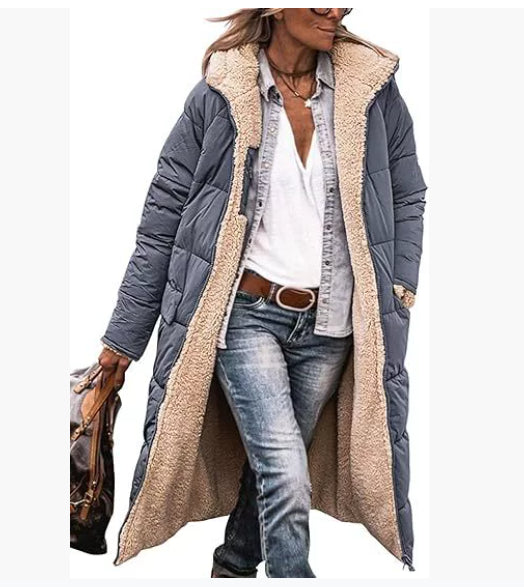 Reversible hooded long coat with pockets and raglan sleeves