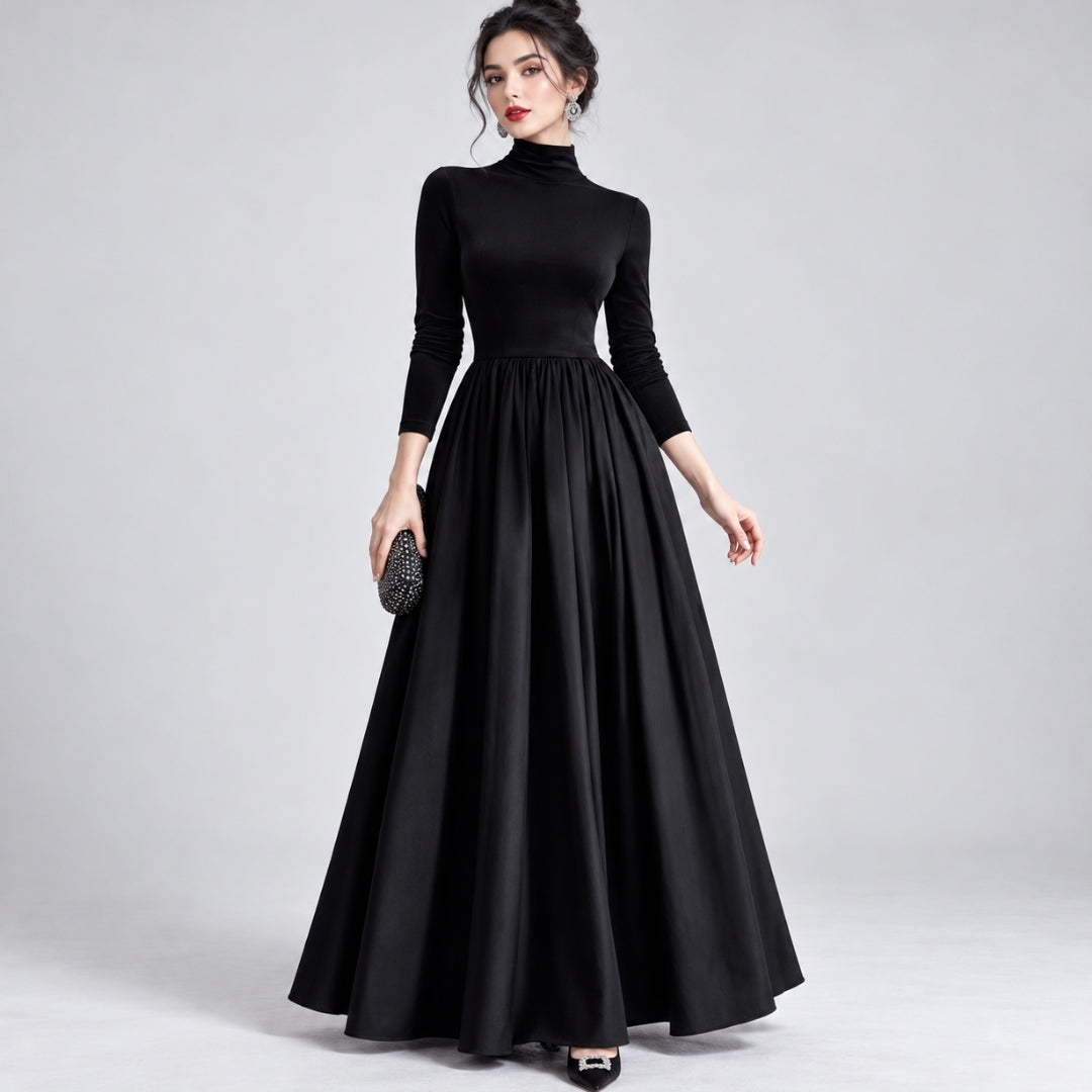 Aradia | Elegant Black Velvet And Satin Midi Dress