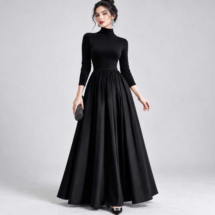 Aradia | Elegant Black Velvet And Satin Midi Dress