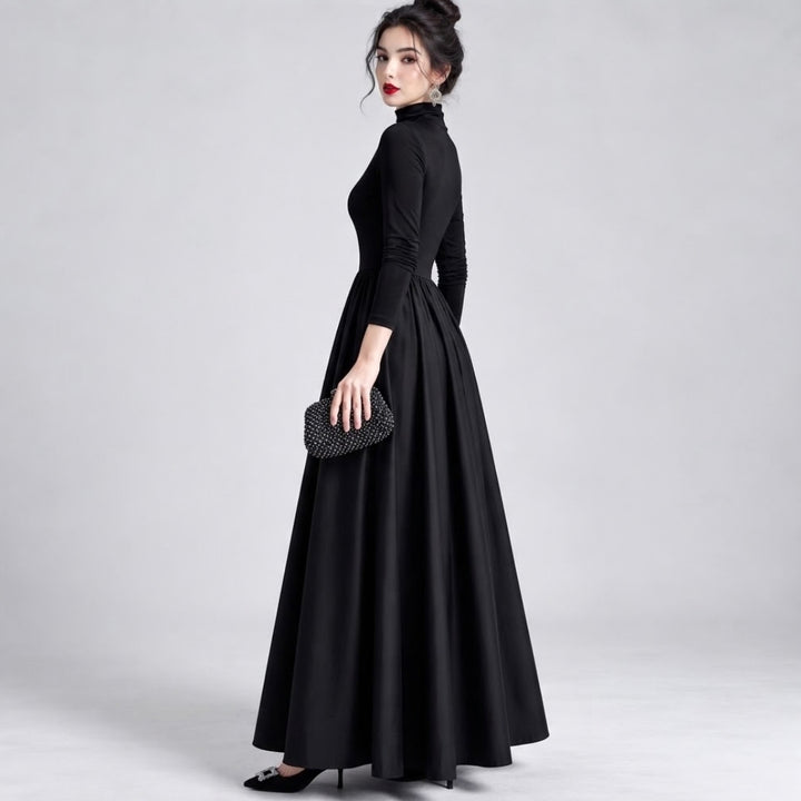 Aradia | Elegant Black Velvet And Satin Midi Dress