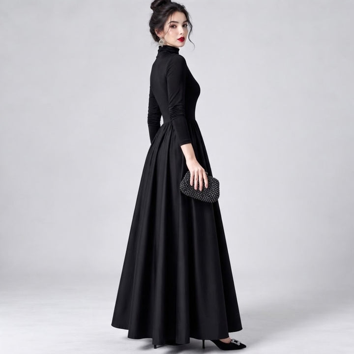 Aradia | Elegant Black Velvet And Satin Midi Dress