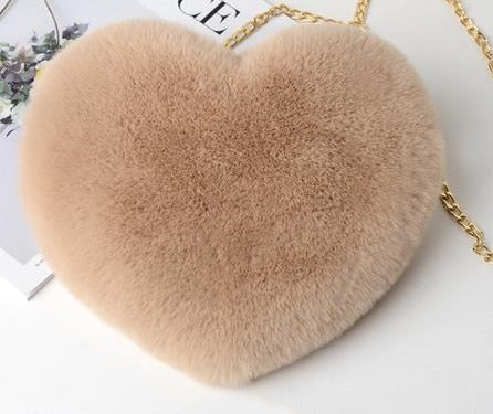 Fluffy heart-shaped bag with gold chain