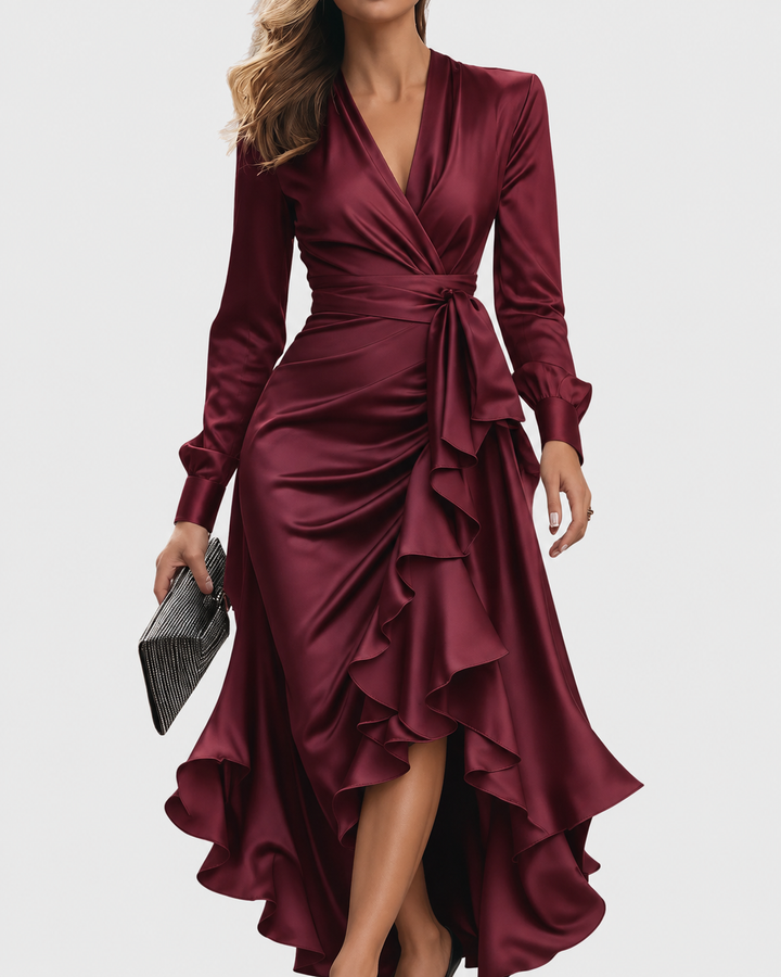 Cerelia | Burgundy Satin Wrap Ruffle Midi Dress