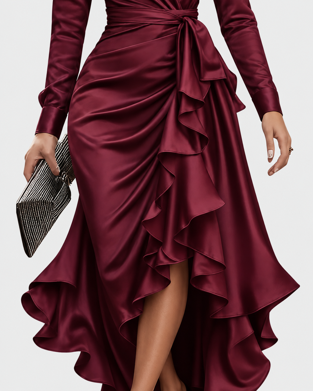 Cerelia | Burgundy Satin Wrap Ruffle Midi Dress