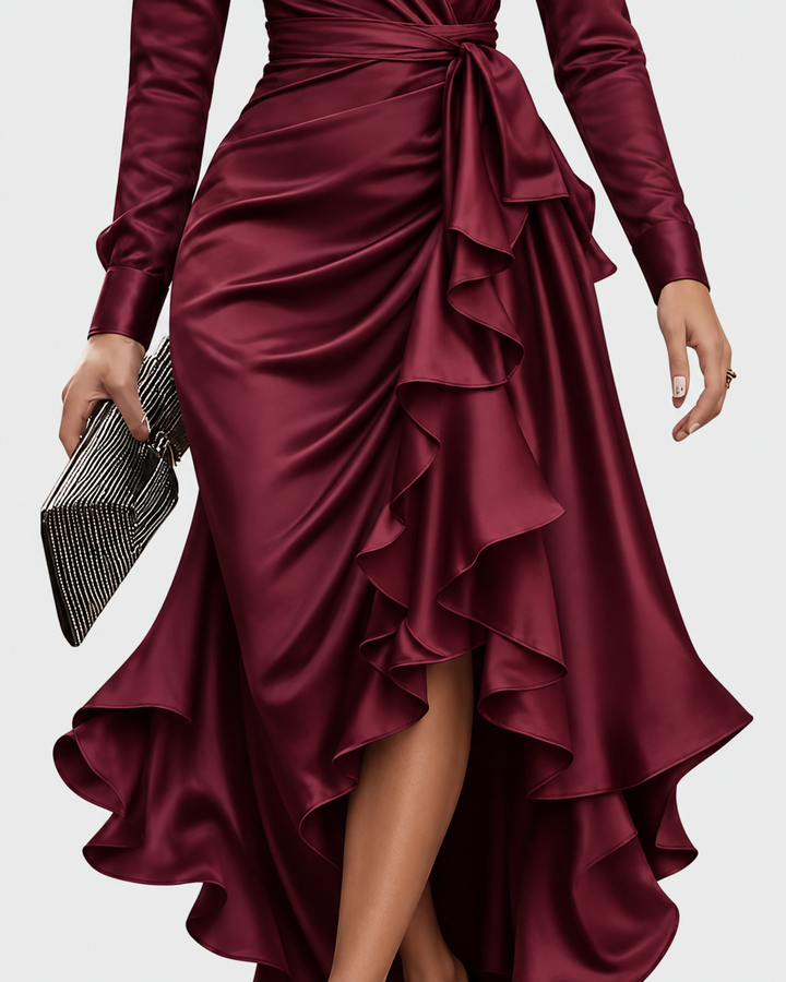 Cerelia | Burgundy Satin Wrap Ruffle Midi Dress