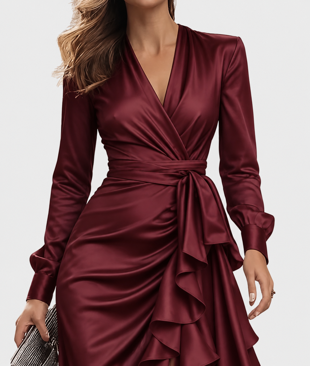 Cerelia | Burgundy Satin Wrap Ruffle Midi Dress