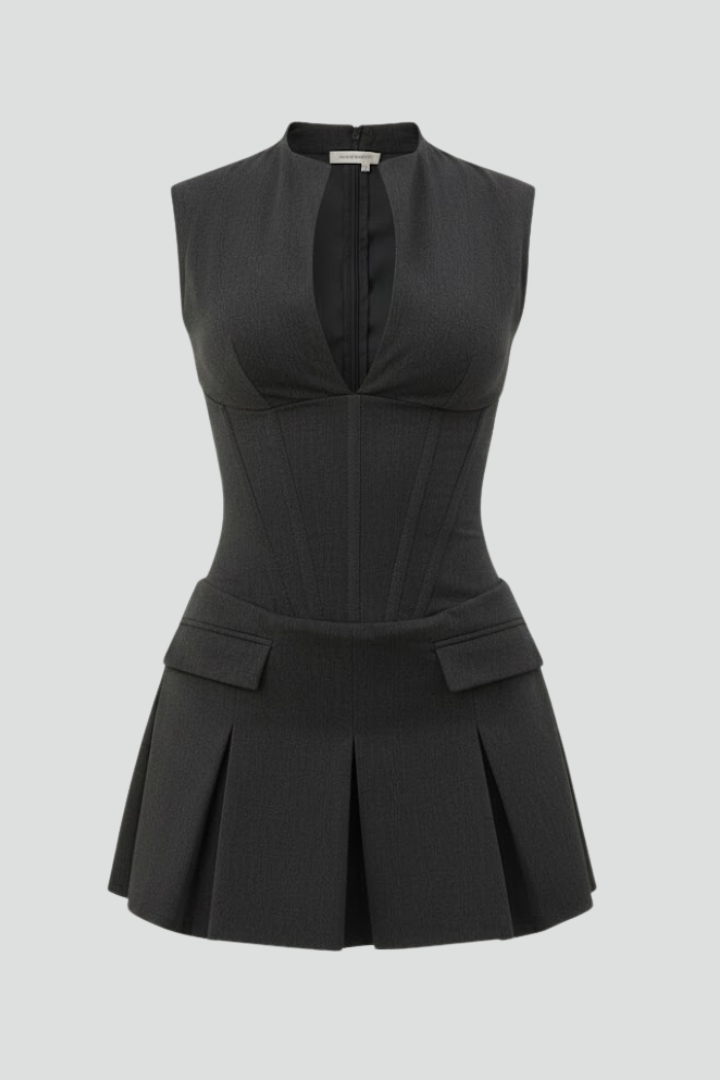 Naomi | Women’s Pleated Skirt Mini Dress with Plunge Neck