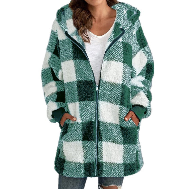 Arabella - Plaid Fleece Long Sleeve Hooded Coat