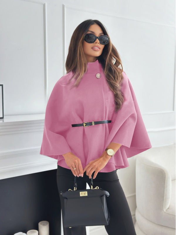 Batwing cape coat with a stand collar and tie belt