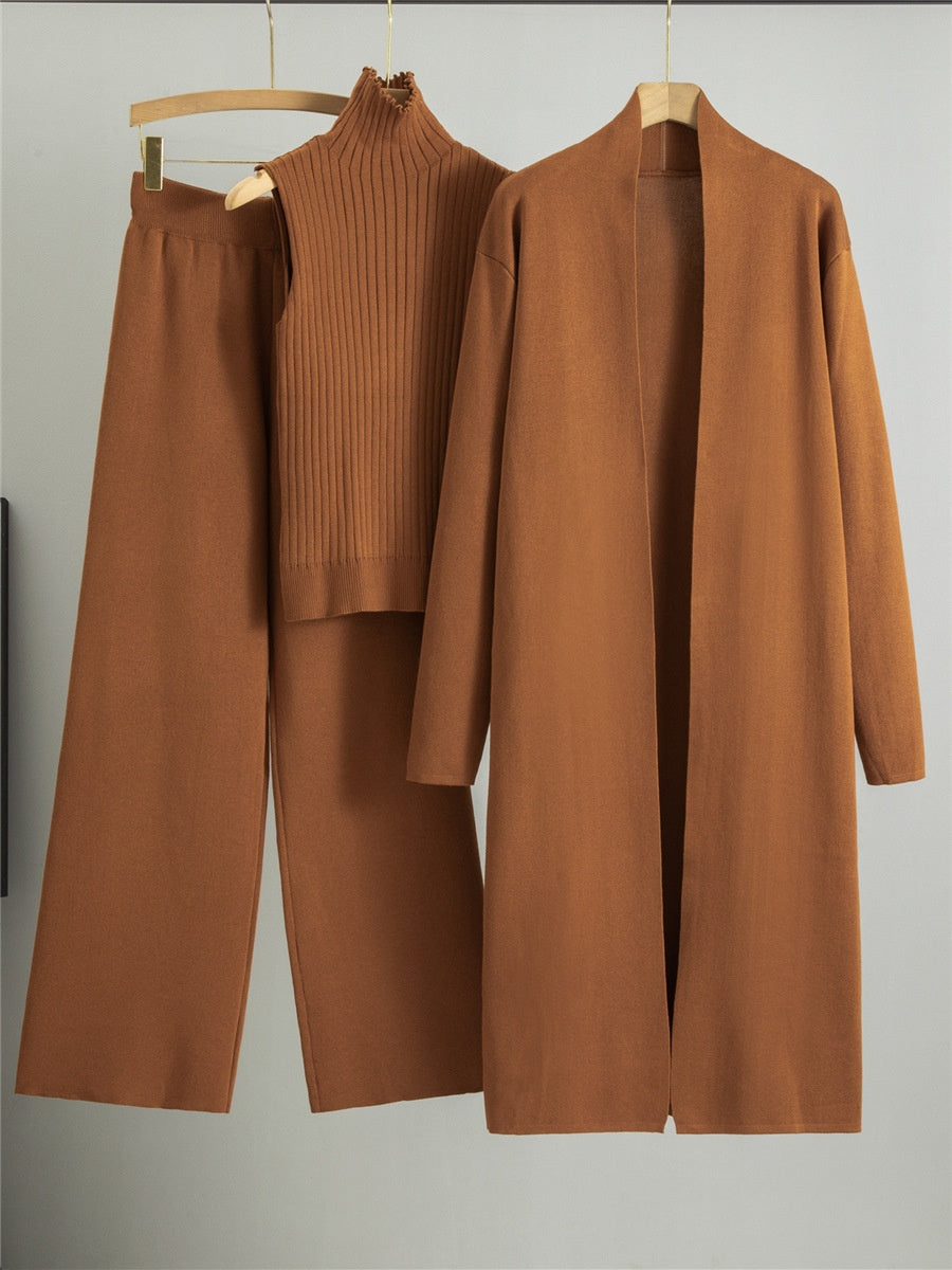 Woman in a matching three-piece knit set