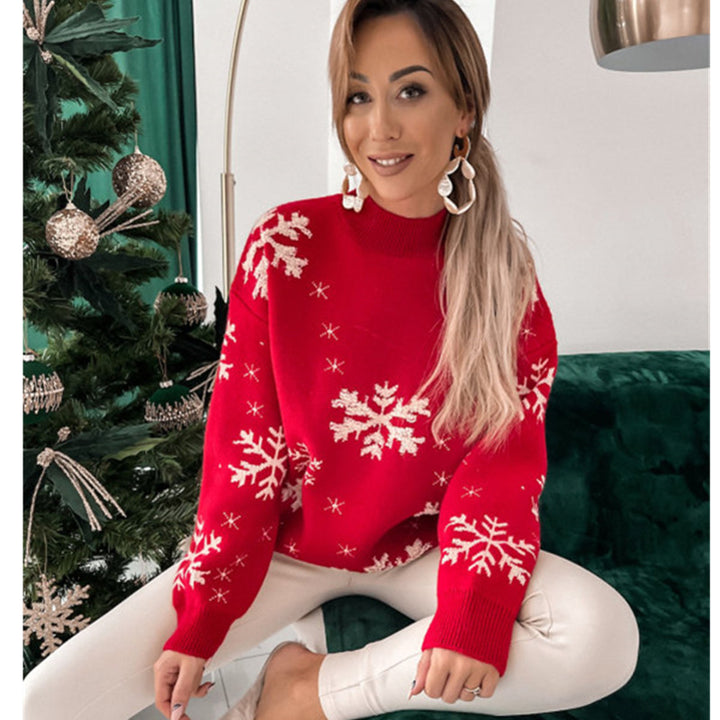 Woman in a fuzzy snowflake sweater