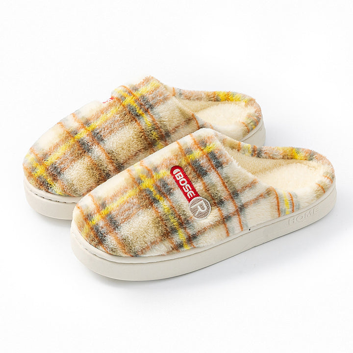 Plaid Plush House Slippers for Women – Warm, Non-Slip, Closed Toe