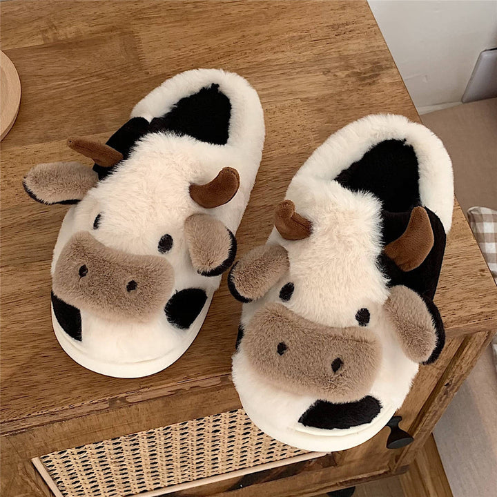 Fluffy Cow Slippers for Women with Non-Slip Sole