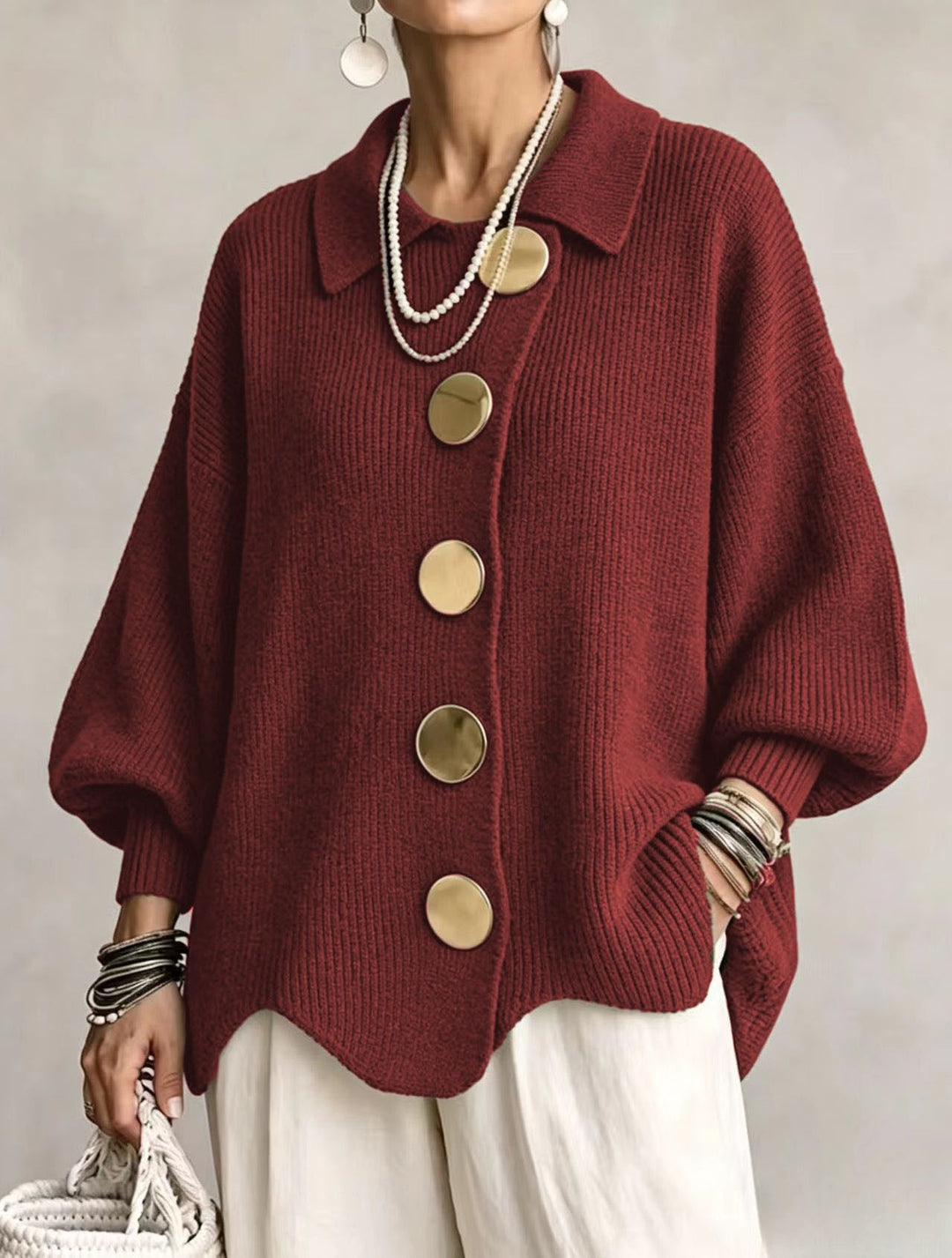 Lapel Button-Down Knit Cardigan with Relaxed Fit