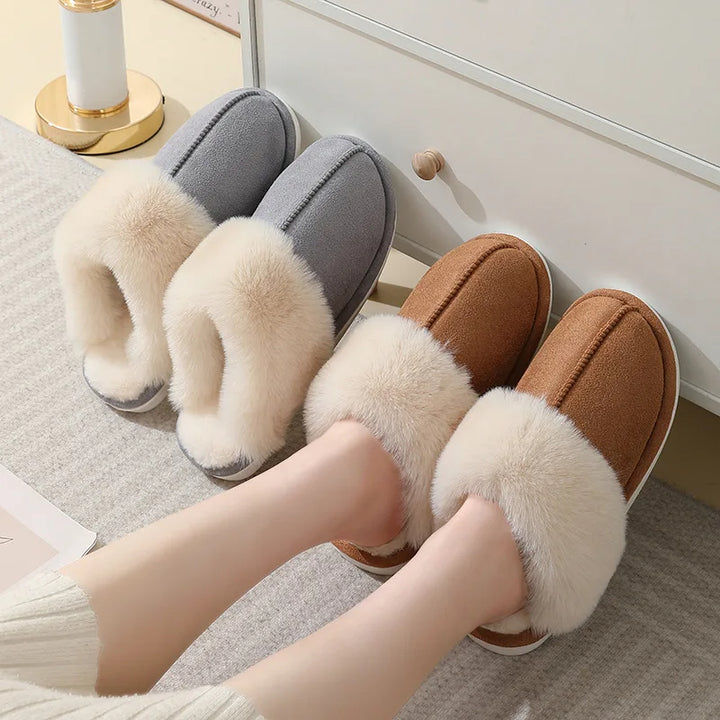 Fuzzy House Slippers with Faux Wool Insole and Non-Slip Sole