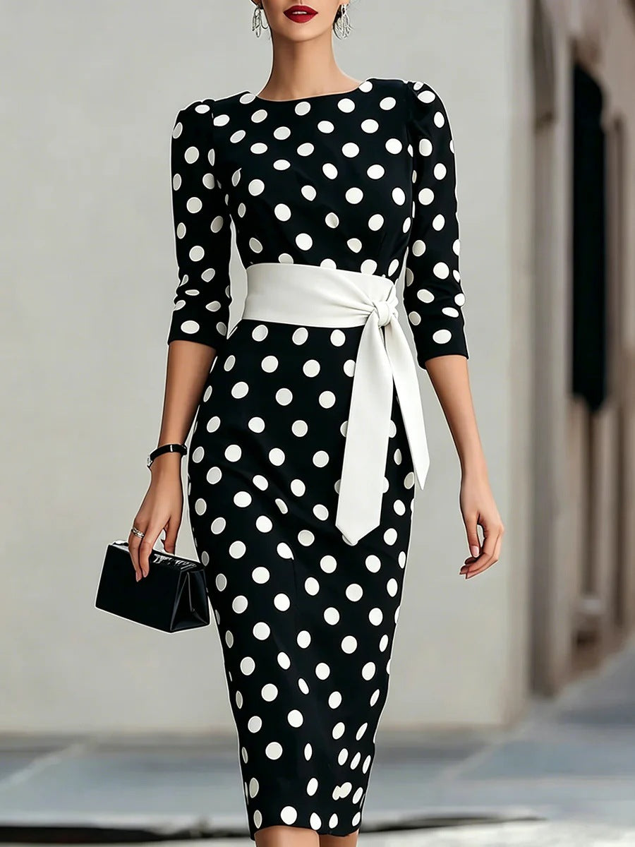 Polka Dot Midi Dress with Tie Waist and Three-Quarter Sleeves