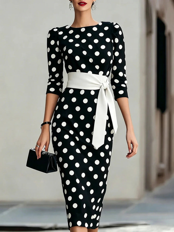 Polka Dot Midi Dress with Tie Waist and Three-Quarter Sleeves