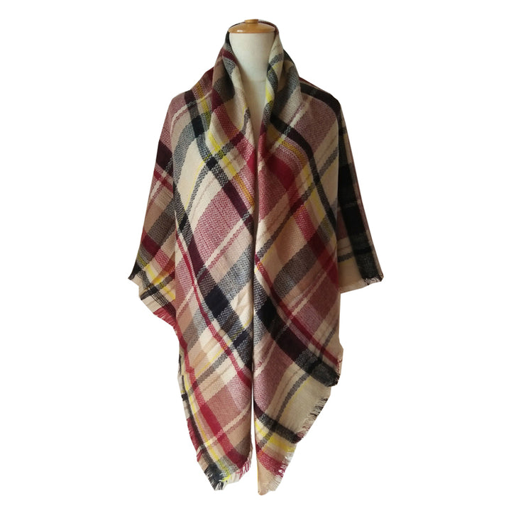 Red Plaid Blanket Scarf with Fringe, Oversized 59 x 59 Inches