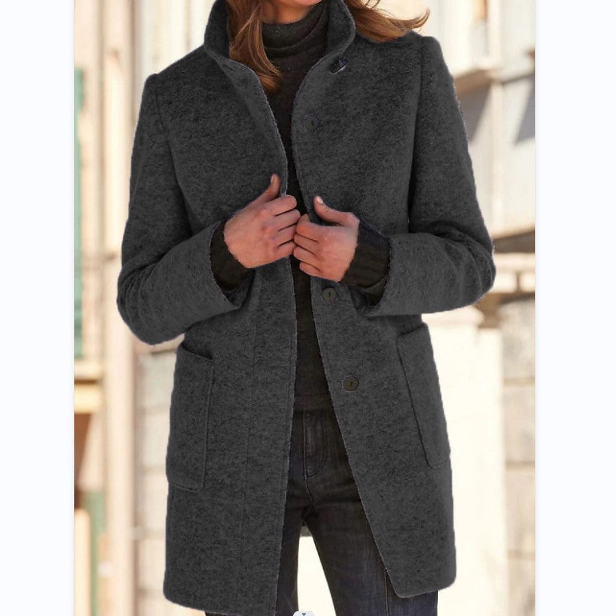 Woman in stand collar button coat