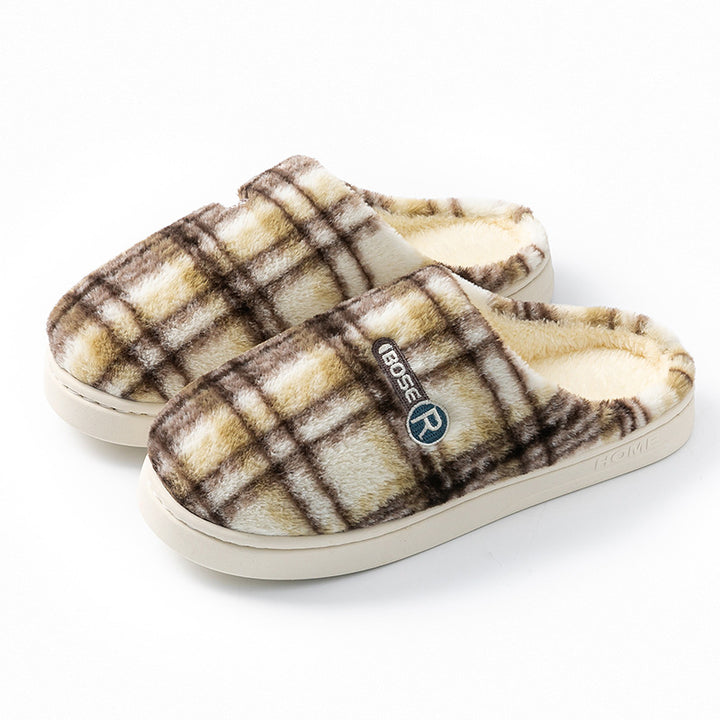 Plaid Plush House Slippers for Women – Warm, Non-Slip, Closed Toe