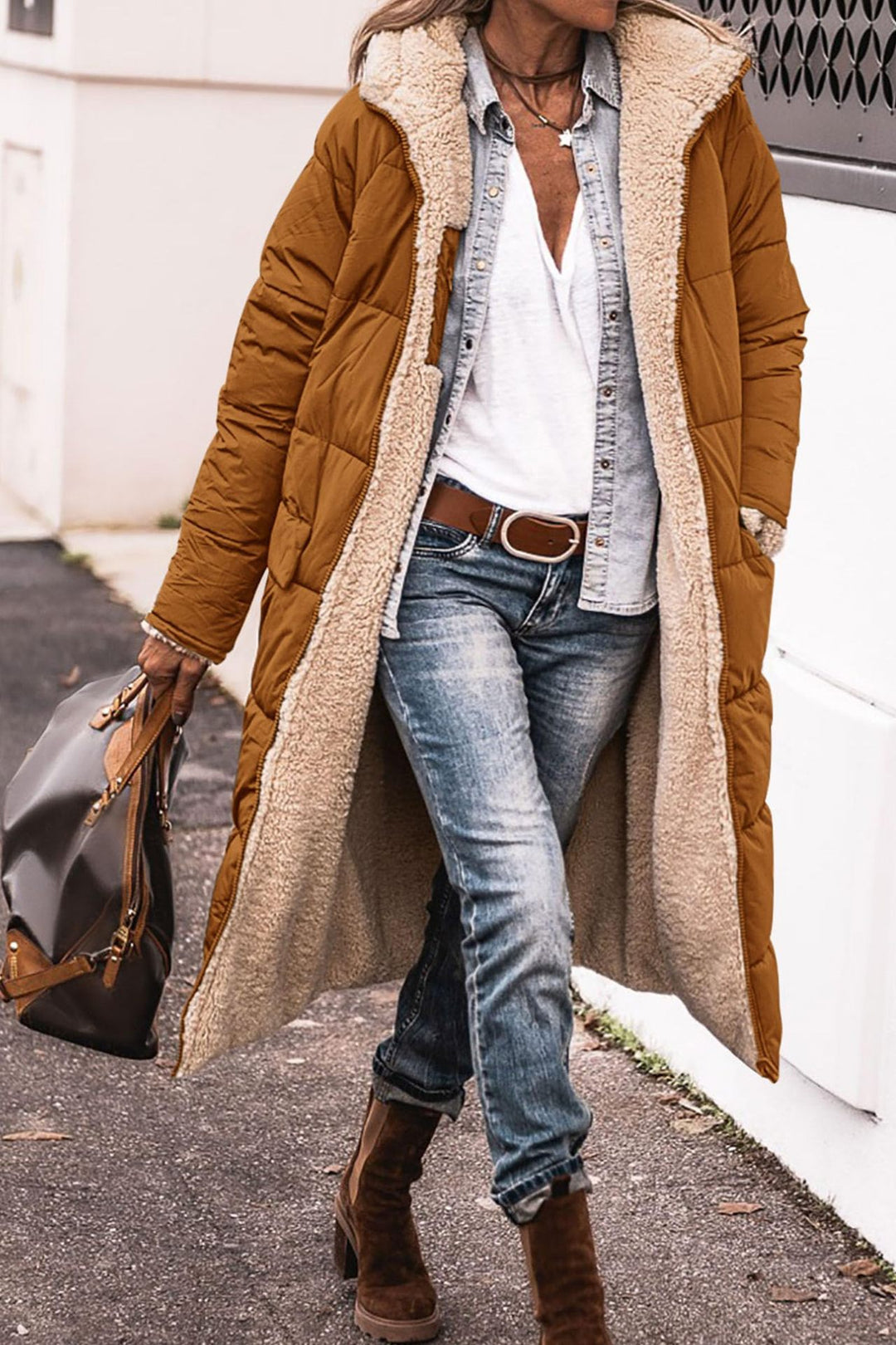 Amanda | Long Hooded Puffer Coat with Sherpa Lining