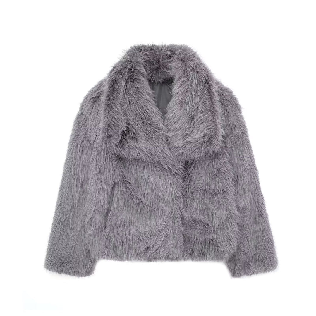 Fluffy faux fur jacket with a lapel collar and long sleeves