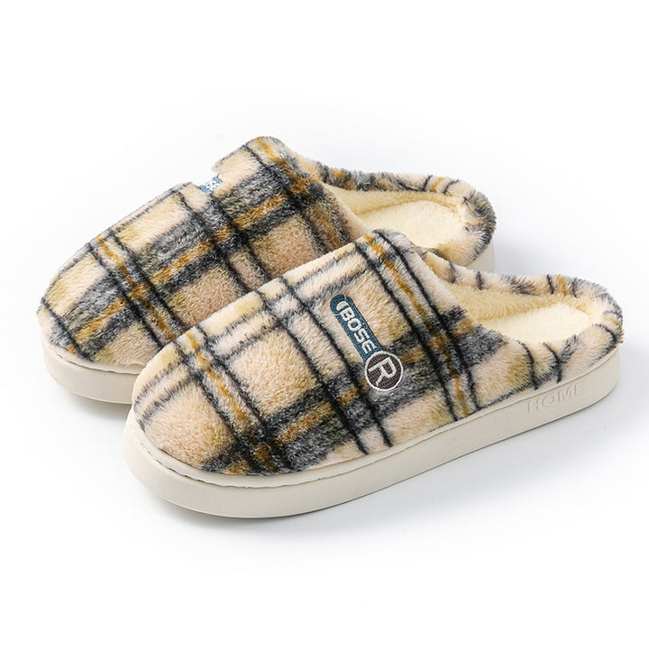 Plaid Plush House Slippers for Women – Warm, Non-Slip, Closed Toe