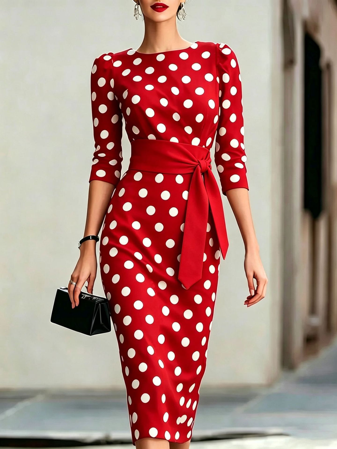Polka Dot Midi Dress with Tie Waist and Three-Quarter Sleeves