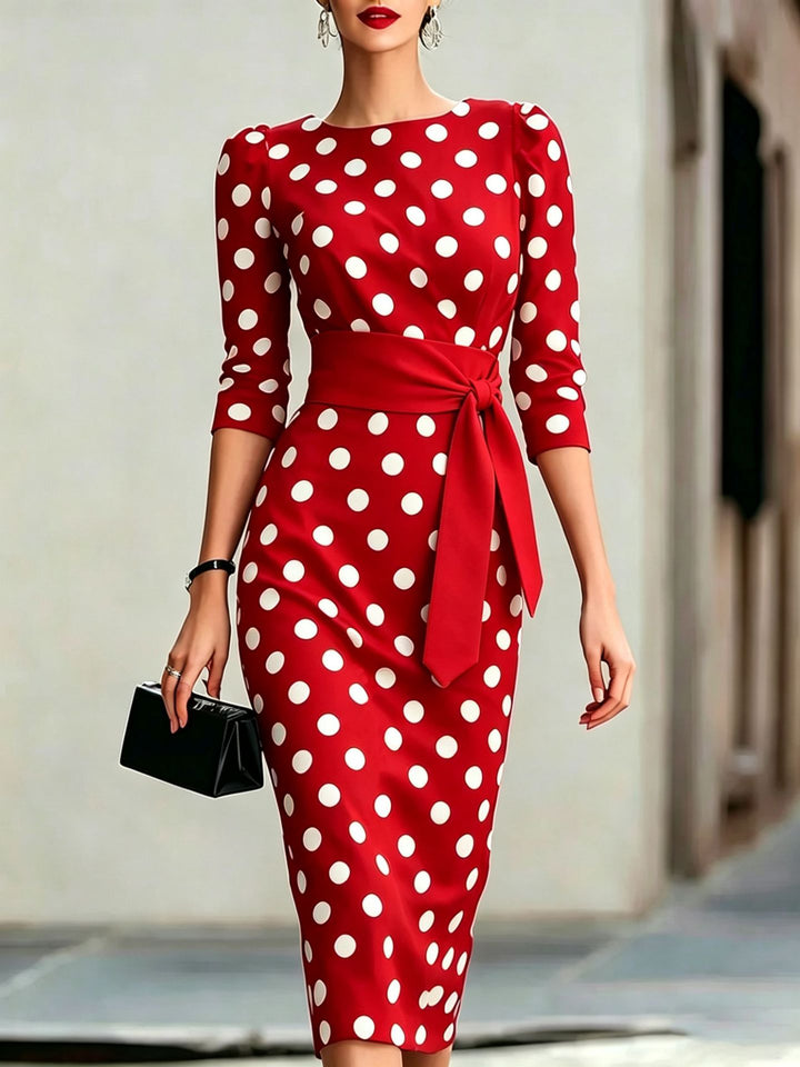 Polka Dot Midi Dress with Tie Waist and Three-Quarter Sleeves