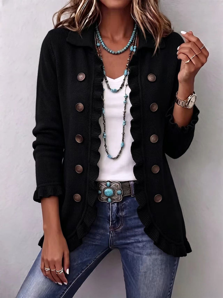 Ruffle Trim Knit Cardigan with Buttons and Slim Fit