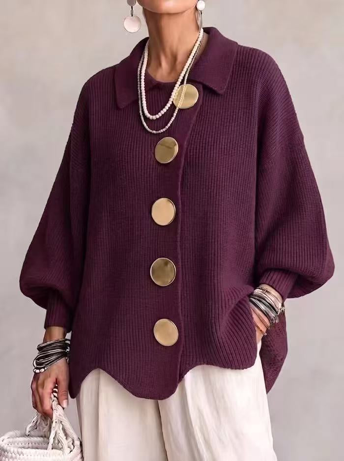 Lapel Button-Down Knit Cardigan with Relaxed Fit