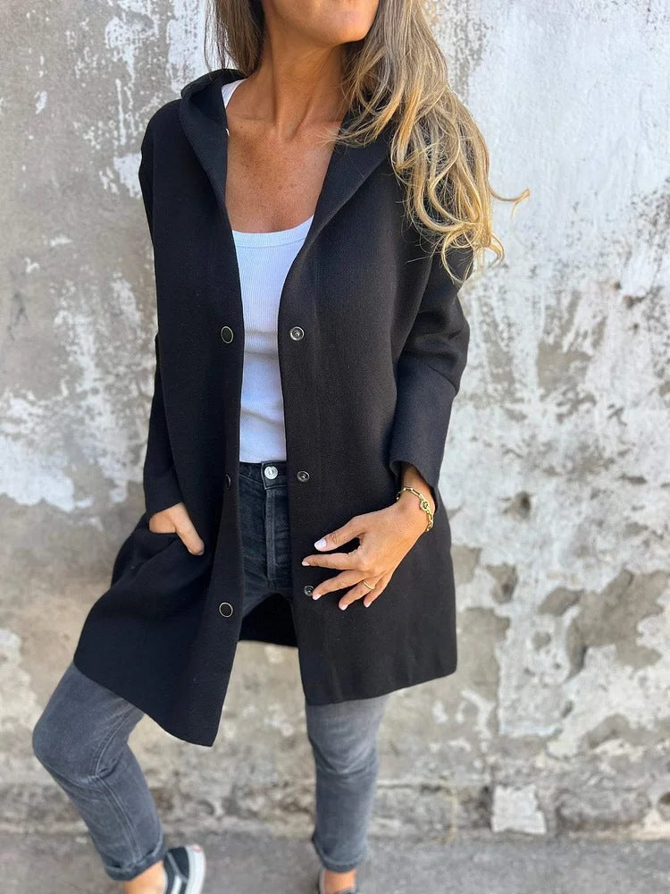 Hooded Button-Up Cardigan Jacket with Loose Fit