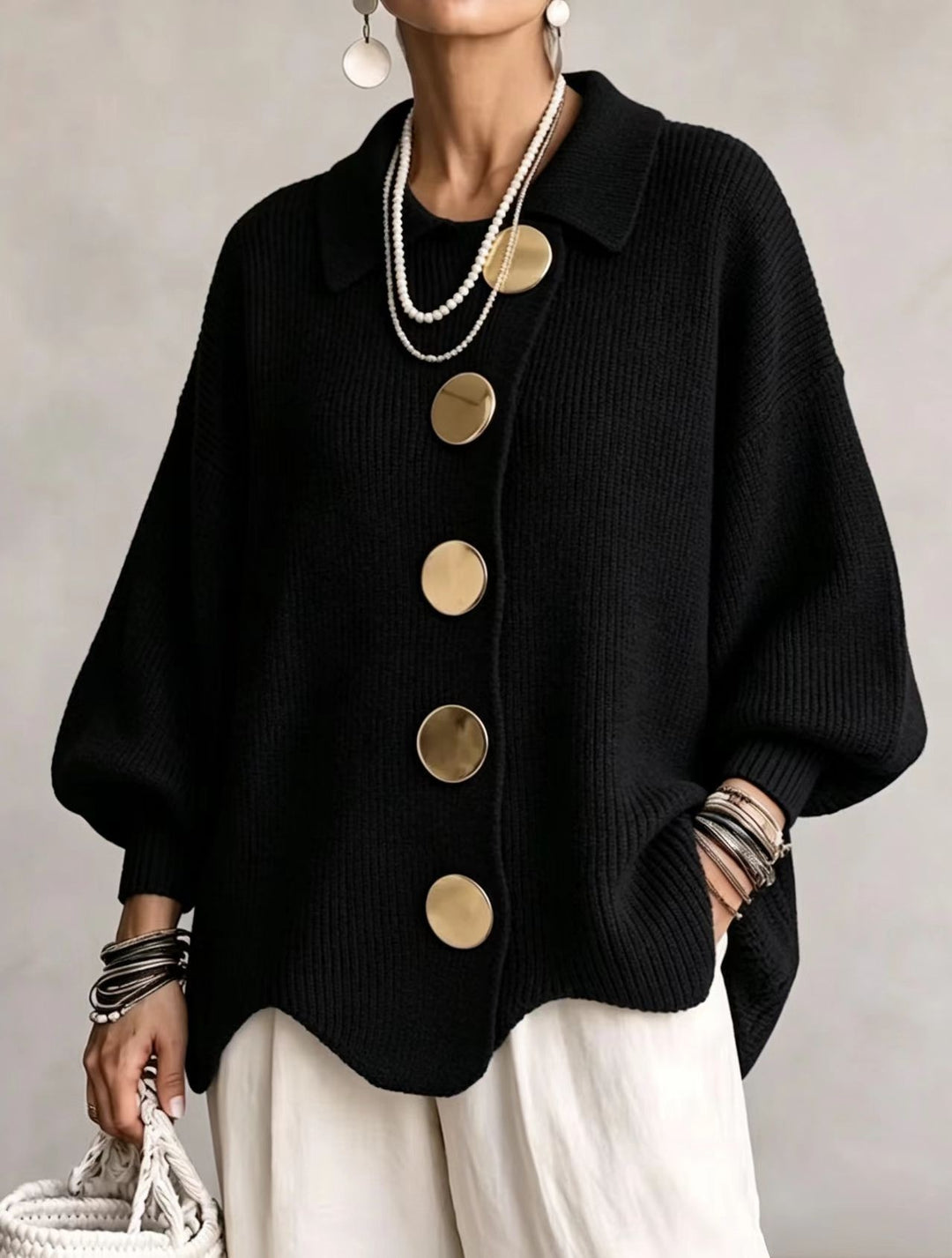 Lapel Button-Down Knit Cardigan with Relaxed Fit