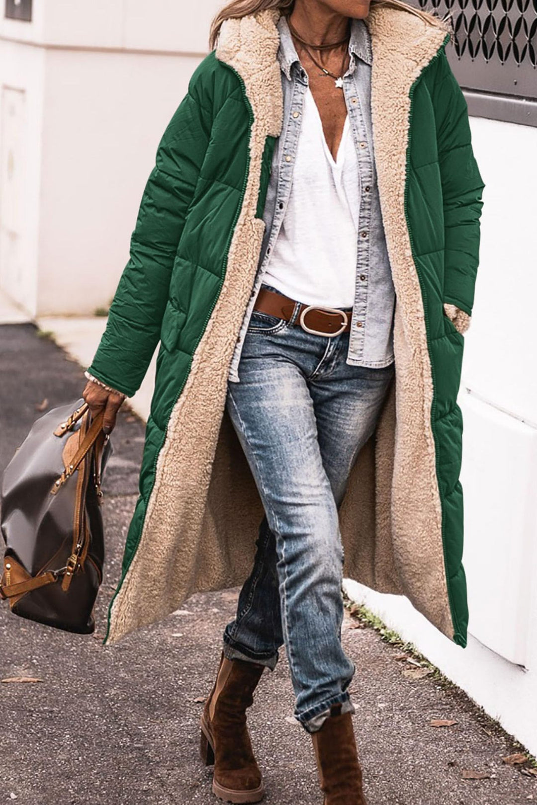 Reversible hooded long coat with pockets and raglan sleeves